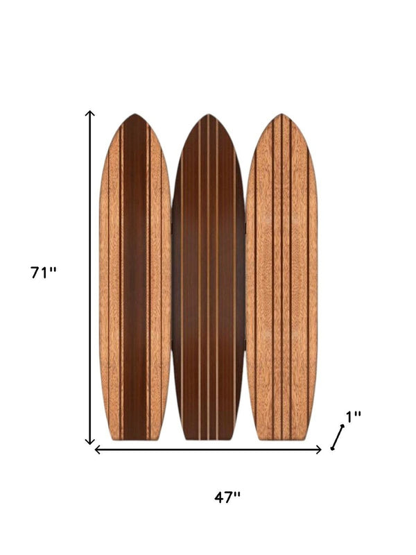 HomeRoots Warm Brown Three-Panel Surfboard Room Divider Screen – Coastal Charm for Stylish Spaces & Privacy 370390