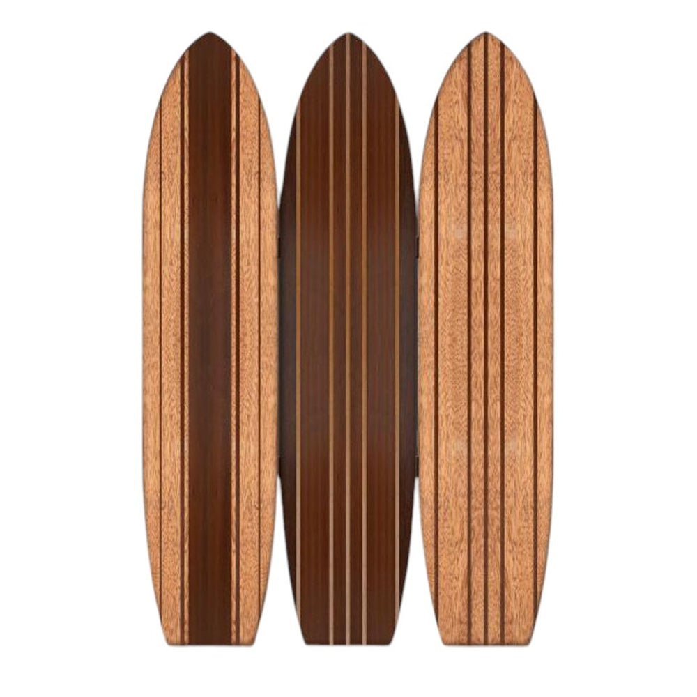 HomeRoots Warm Brown Three-Panel Surfboard Room Divider Screen – Coastal Charm for Stylish Spaces & Privacy 370390