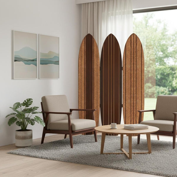 HomeRoots Warm Brown Three-Panel Surfboard Room Divider Screen – Coastal Charm for Stylish Spaces & Privacy 370390