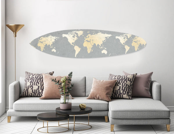 HomeRoots 76" Coastal Grey and Gold Surfboard Wall Art - Vintage-Inspired with Modern Aesthetic for Any Space 370400