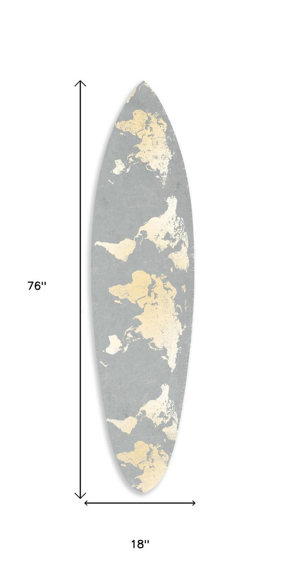HomeRoots 76" Coastal Grey and Gold Surfboard Wall Art - Vintage-Inspired with Modern Aesthetic for Any Space 370400