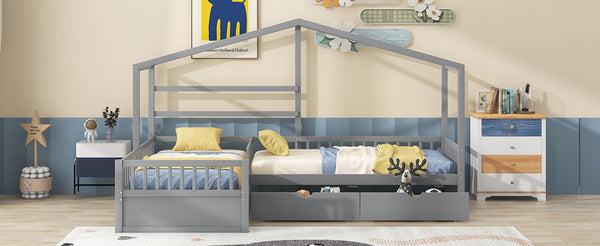 English Elm Twin House Platform Bed with Three Storage Drawers for Kids, Solid Pine & MDF, Sleek Roof Design Gray GX001026AAE