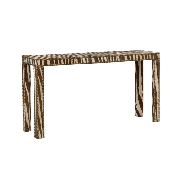 Chelsea House Zebra Hair-On-Hide Console Table With Brass Nailhead Trim, Parsons Silhouette, Narrow Elegant Foyer Piece 370413