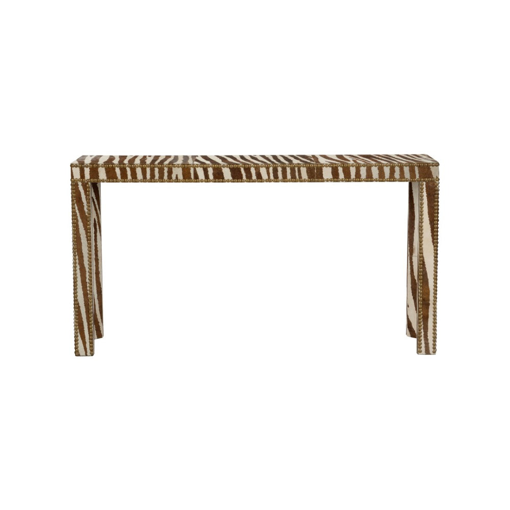Chelsea House Zebra Hair-On-Hide Console Table With Brass Nailhead Trim, Parsons Silhouette, Narrow Elegant Foyer Piece 370413