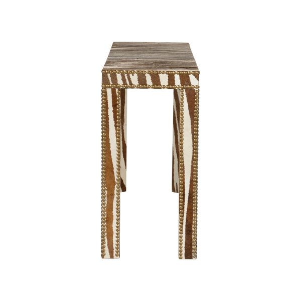 Chelsea House Zebra Hair-On-Hide Console Table With Brass Nailhead Trim, Parsons Silhouette, Narrow Elegant Foyer Piece 370413