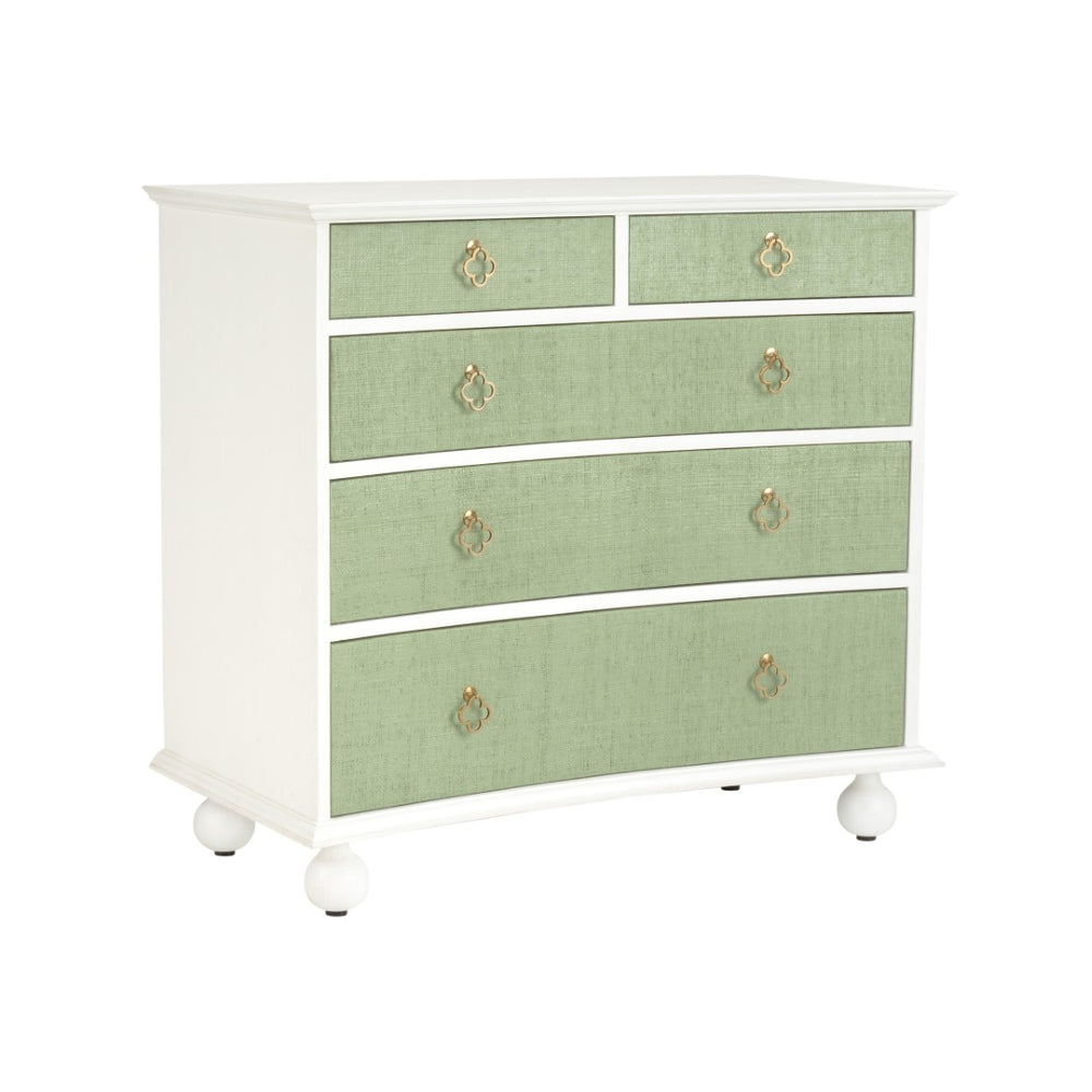 Chelsea House Maxwell Chest Of Drawers With Green Raffia Fronts, White Wood Frame, Antique Brass Pulls, 35.5"H 370415