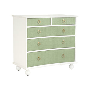 Chelsea House Maxwell Chest Of Drawers With Green Raffia Fronts, White Wood Frame, Antique Brass Pulls, 35.5"H 370415