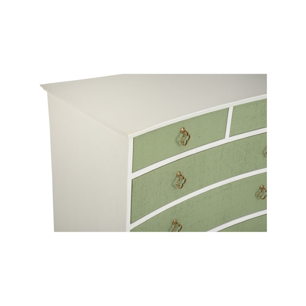 Chelsea House Maxwell Chest Of Drawers With Green Raffia Fronts, White Wood Frame, Antique Brass Pulls, 35.5"H 370415