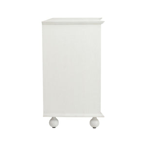 Chelsea House Maxwell Chest Of Drawers With Green Raffia Fronts, White Wood Frame, Antique Brass Pulls, 35.5"H 370415