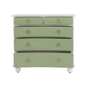 Chelsea House Maxwell Chest Of Drawers With Green Raffia Fronts, White Wood Frame, Antique Brass Pulls, 35.5"H 370415