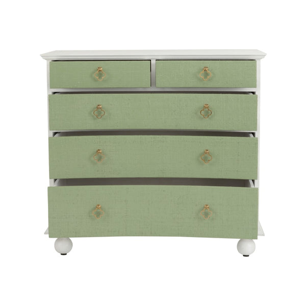 Chelsea House Maxwell Chest Of Drawers With Green Raffia Fronts, White Wood Frame, Antique Brass Pulls, 35.5"H 370415