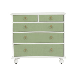 Chelsea House Maxwell Chest Of Drawers With Green Raffia Fronts, White Wood Frame, Antique Brass Pulls, 35.5"H 370415