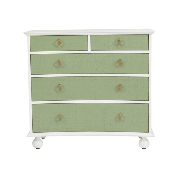 Chelsea House Maxwell Chest Of Drawers With Green Raffia Fronts, White Wood Frame, Antique Brass Pulls, 35.5"H 370415