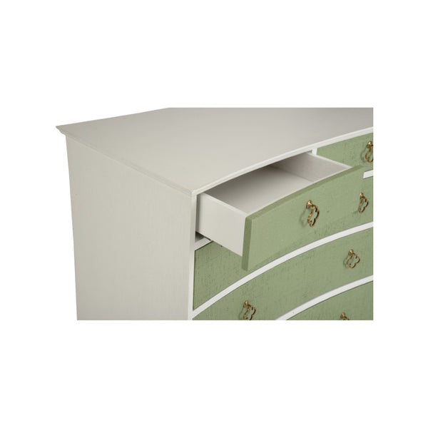 Chelsea House Maxwell Chest Of Drawers With Green Raffia Fronts, White Wood Frame, Antique Brass Pulls, 35.5"H 370415