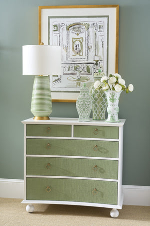 Chelsea House Maxwell Chest Of Drawers With Green Raffia Fronts, White Wood Frame, Antique Brass Pulls, 35.5"H 370415