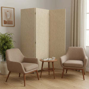 HomeRoots Brown Upholstered Three-Panel Room Divider Screen for Elegant Privacy and Stylish Space Enhancement Beige 370415