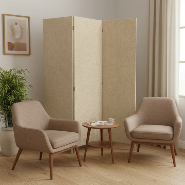 HomeRoots Brown Upholstered Three-Panel Room Divider Screen for Elegant Privacy and Stylish Space Enhancement Beige 370415