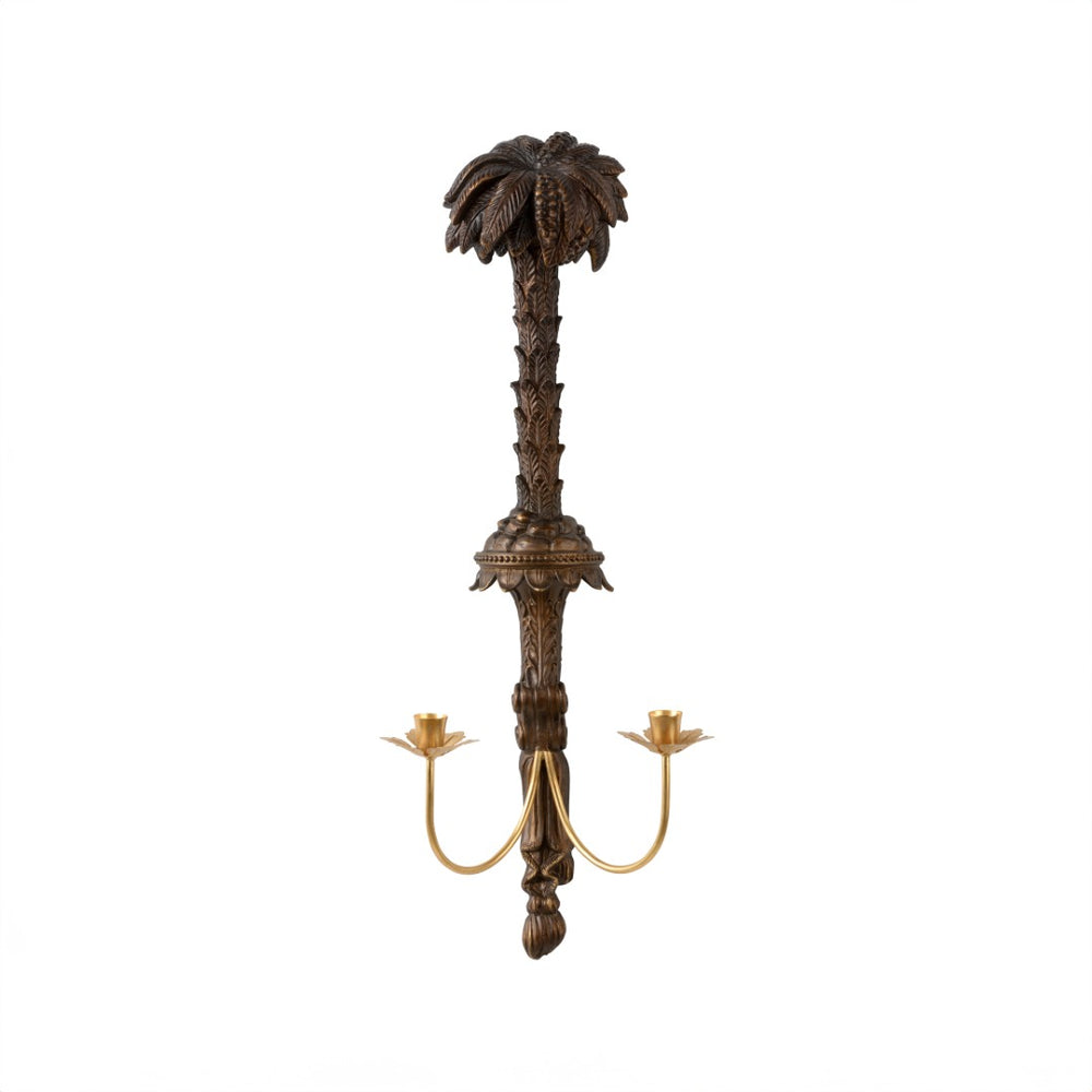 Chelsea House Ratchford Palm Sconce In Mahogany Resin With Gold Candle Holders — Tropical Sculptural Wall Light 370441