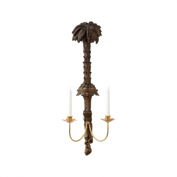 Chelsea House Ratchford Palm Sconce In Mahogany Resin With Gold Candle Holders — Tropical Sculptural Wall Light 370441