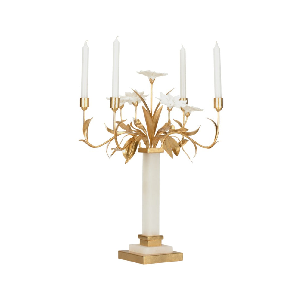Chelsea House Lily Alabaster Candelabra With Porcelain Lilies, Iron Arms & Gold Leaf Accents For Romantic Decor 370454