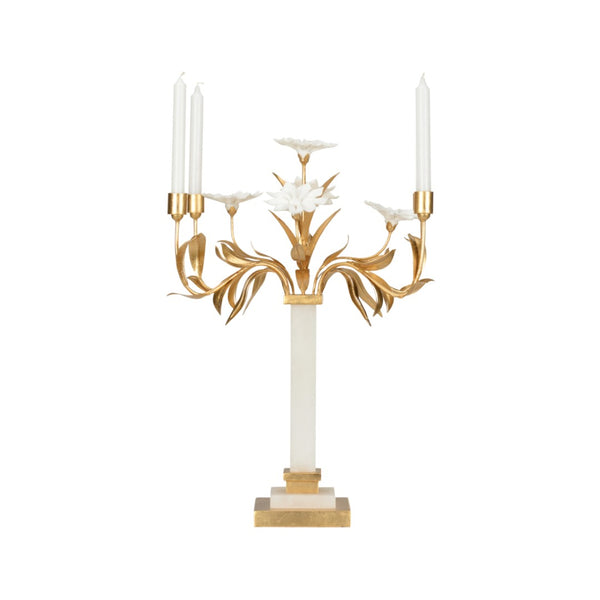 Chelsea House Lily Alabaster Candelabra With Porcelain Lilies, Iron Arms & Gold Leaf Accents For Romantic Decor 370454