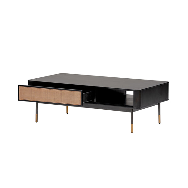 Homeroots 47" Black And Brown Solid Wood And Steel Coffee Table With Drawer And Shelf   370457