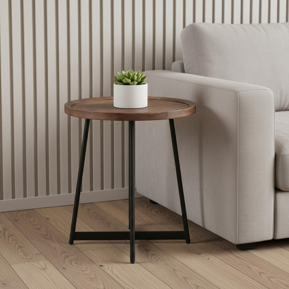 HomeRoots 21.66" Round Side Table in American Walnut with Black Steel Base - Modern Accent for Any Room 370460