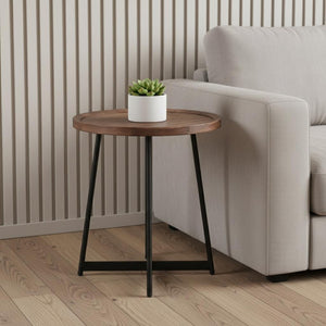 HomeRoots 21.66" Round Side Table in American Walnut with Black Steel Base - Modern Accent for Any Room 370460