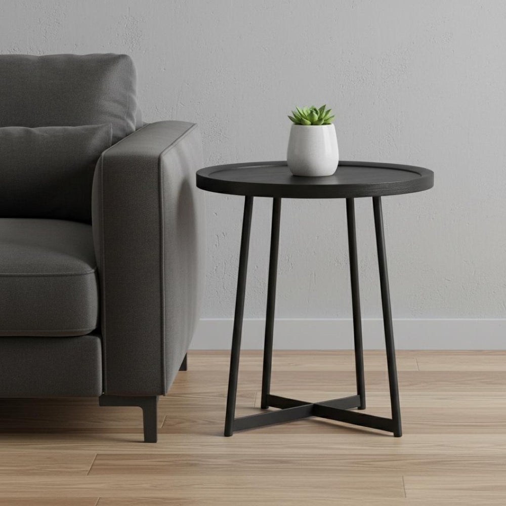 HomeRoots 21.66" Round Side Table in Black Ash Wood & Matte Steel Base - Stylish Accent for Any Space 370461