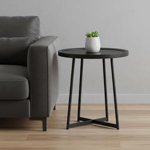 HomeRoots 21.66" Round Side Table in Black Ash Wood & Matte Steel Base - Stylish Accent for Any Space 370461