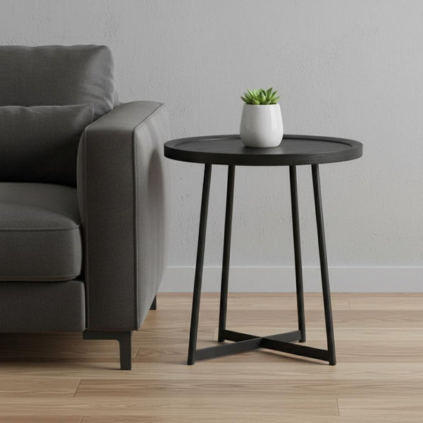 HomeRoots 21.66" Round Side Table in Black Ash Wood & Matte Steel Base - Stylish Accent for Any Space 370461