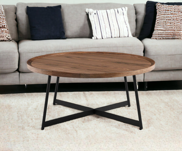Homeroots 35" Black And Walnut Manufactured Wood Round Coffee Table   370462