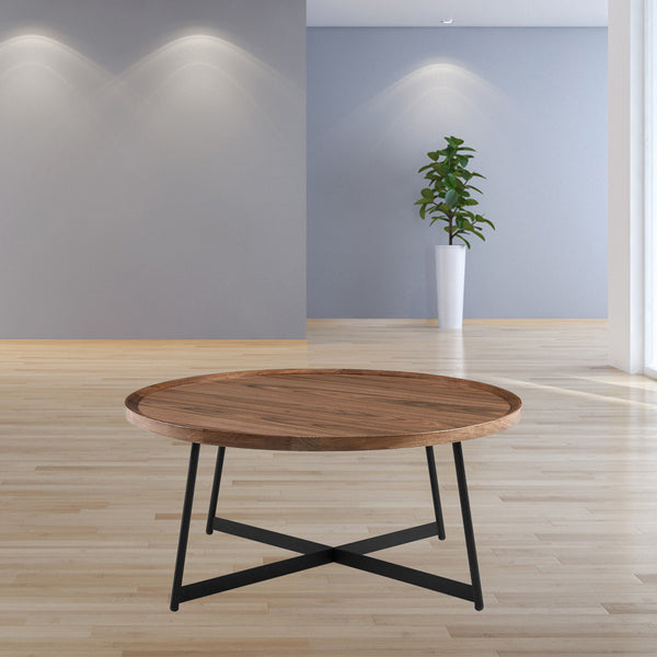 Homeroots 35" Black And Walnut Manufactured Wood Round Coffee Table   370462