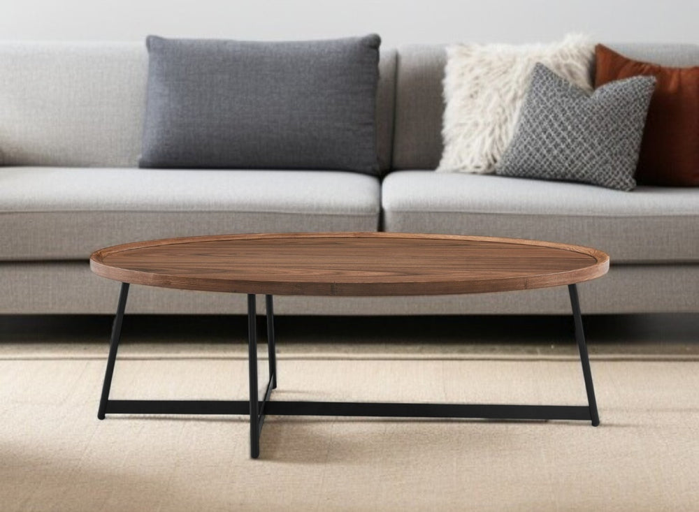 HomeRoots 24" Elegant Brown and Black Oval Coffee Table with Sturdy Metal Base for Modern Living Spaces 370464