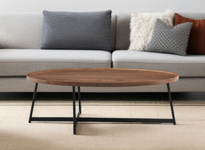 HomeRoots 24" Elegant Brown and Black Oval Coffee Table with Sturdy Metal Base for Modern Living Spaces 370464