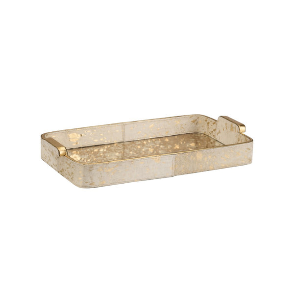 Chelsea House Hair Hair-On-Hide Tray With Antiqued Mirror & Gold Handles — Cream Textured Centerpiece For Home DéCor 370484