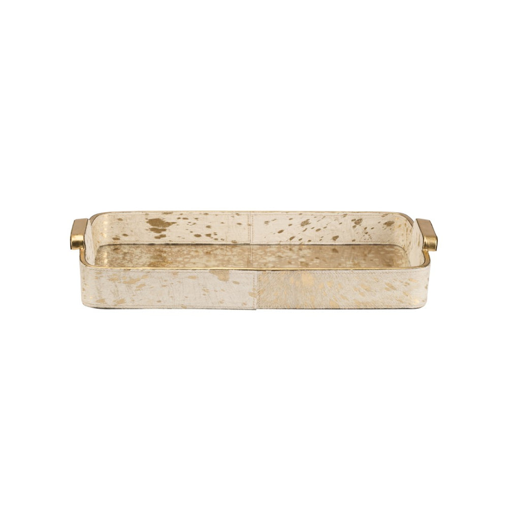 Chelsea House Hair Hair-On-Hide Tray With Antiqued Mirror & Gold Handles — Cream Textured Centerpiece For Home DéCor 370484