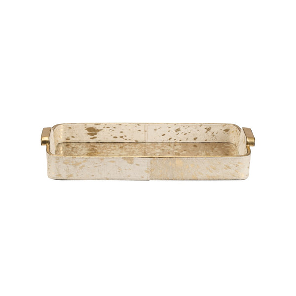 Chelsea House Hair Hair-On-Hide Tray With Antiqued Mirror & Gold Handles — Cream Textured Centerpiece For Home DéCor 370484