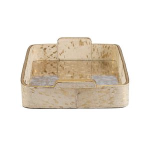 Chelsea House Hair Hair-On-Hide Tray With Antiqued Mirror & Gold Handles — Cream Textured Centerpiece For Home DéCor 370484