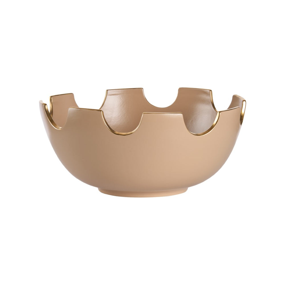 Chelsea House Classic Bowl Large Taupe Ceramic Centerpiece — Handmade, Gold-Accented 15.25" Stylish Table Decor 370496