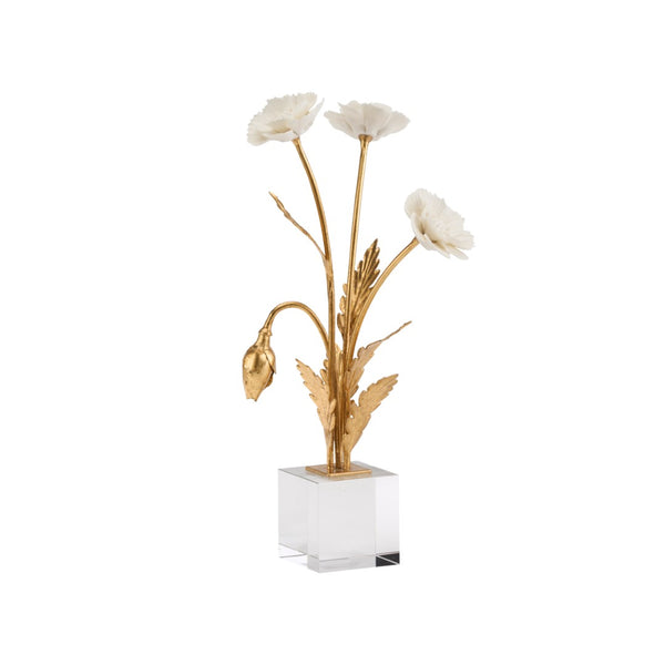 Chelsea House Porcelain Sculptural Poppy Arrangement In Crystal Base With Matte White Blooms And Gold-Leaf Stems 370502