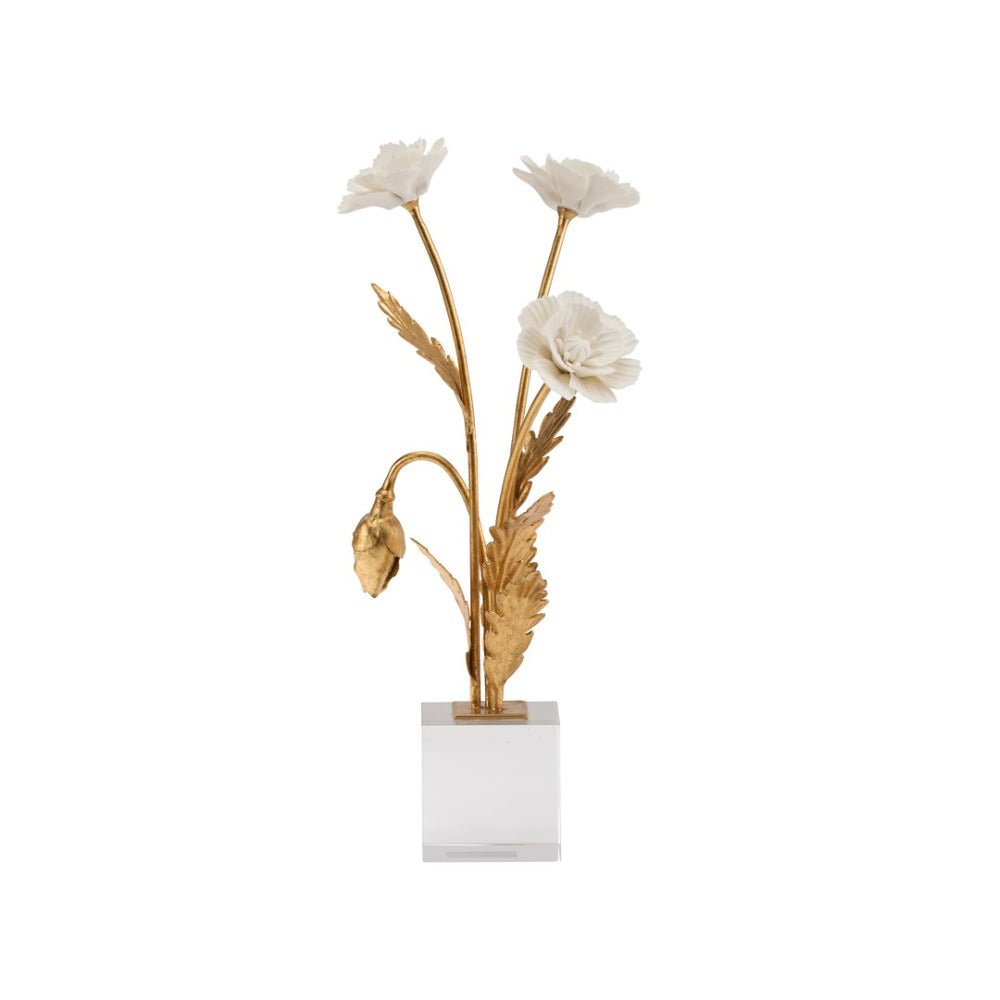 Chelsea House Porcelain Sculptural Poppy Arrangement In Crystal Base With Matte White Blooms And Gold-Leaf Stems 370502