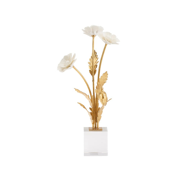 Chelsea House Porcelain Sculptural Poppy Arrangement In Crystal Base With Matte White Blooms And Gold-Leaf Stems 370502
