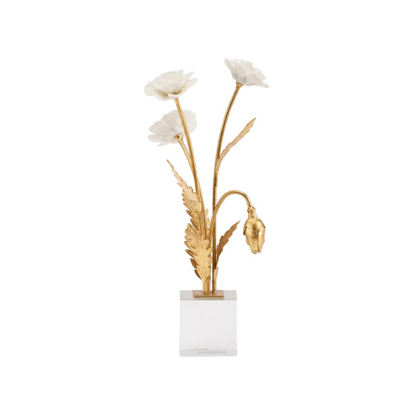Chelsea House Porcelain Sculptural Poppy Arrangement In Crystal Base With Matte White Blooms And Gold-Leaf Stems 370502