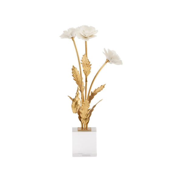 Chelsea House Porcelain Sculptural Poppy Arrangement In Crystal Base With Matte White Blooms And Gold-Leaf Stems 370502