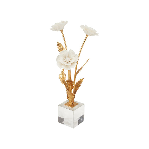 Chelsea House Porcelain Sculptural Poppy Arrangement In Crystal Base With Matte White Blooms And Gold-Leaf Stems 370502