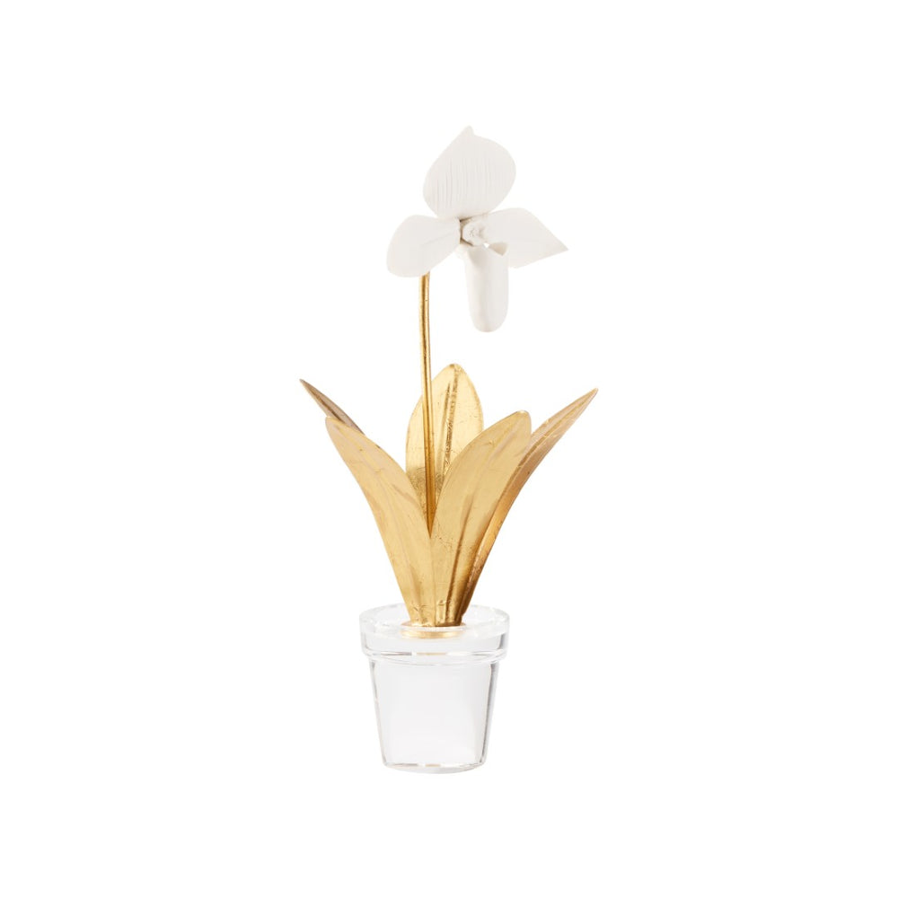 Chelsea House Lady Porcelain Lady Slipper Orchid Sculpture With Gold Stems On Crystal Base — Elegant Gift DéCor 370503