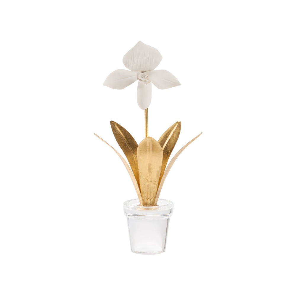 Chelsea House Lady Porcelain Lady Slipper Orchid Sculpture With Gold Stems On Crystal Base — Elegant Gift DéCor 370503