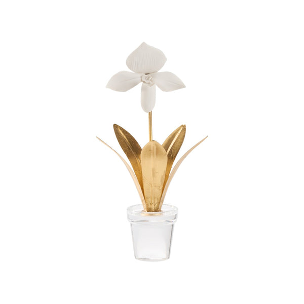 Chelsea House Lady Porcelain Lady Slipper Orchid Sculpture With Gold Stems On Crystal Base — Elegant Gift DéCor 370503