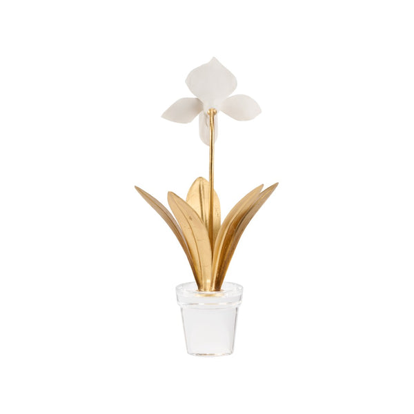 Chelsea House Lady Porcelain Lady Slipper Orchid Sculpture With Gold Stems On Crystal Base — Elegant Gift DéCor 370503